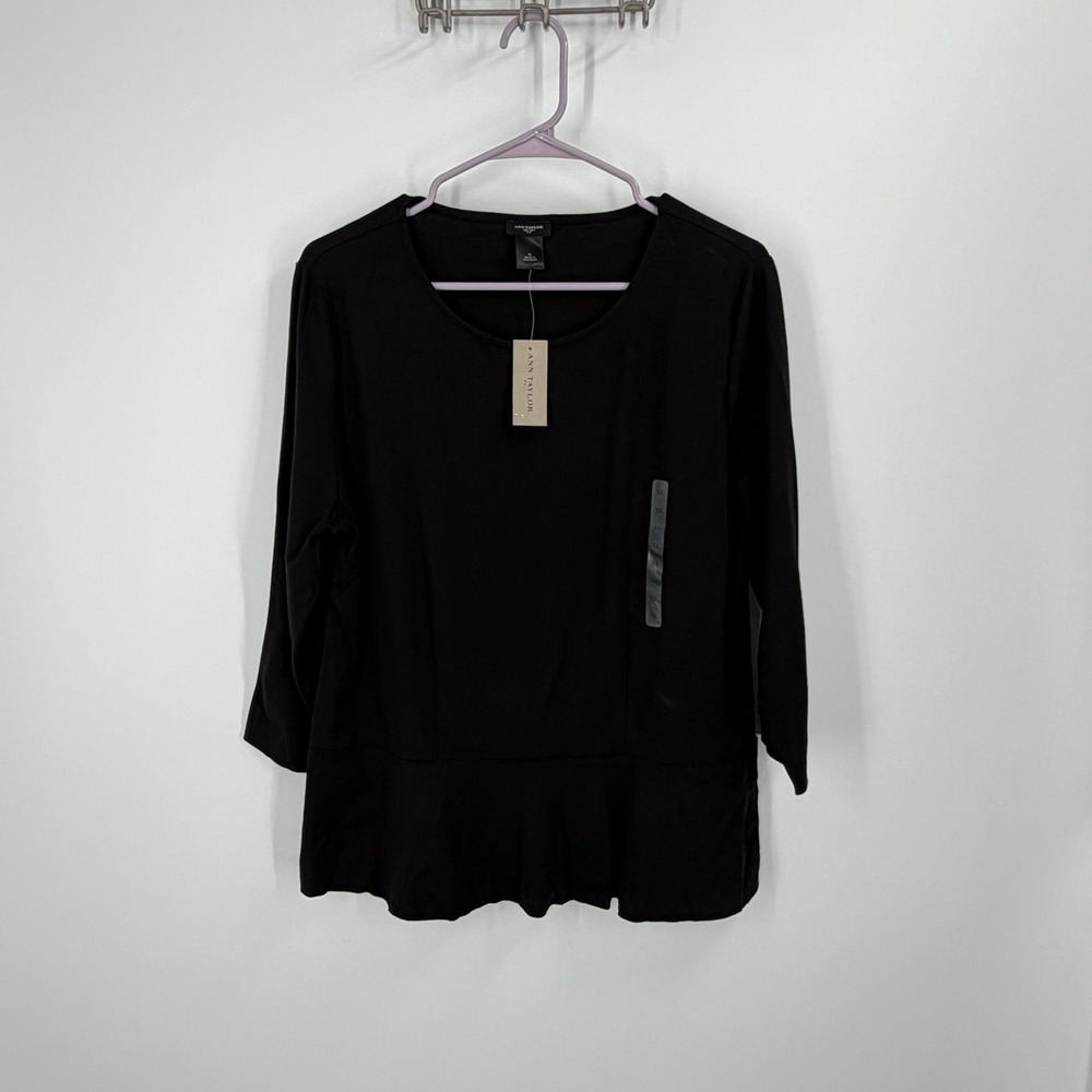 Ann Taylor Peplum Top Women XL Black 3/4 Sleeve Scoop Neck Ponte Stretch
